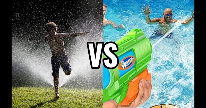 Run Through Sprinkler vs. Water Gun / Super Soaker Fight